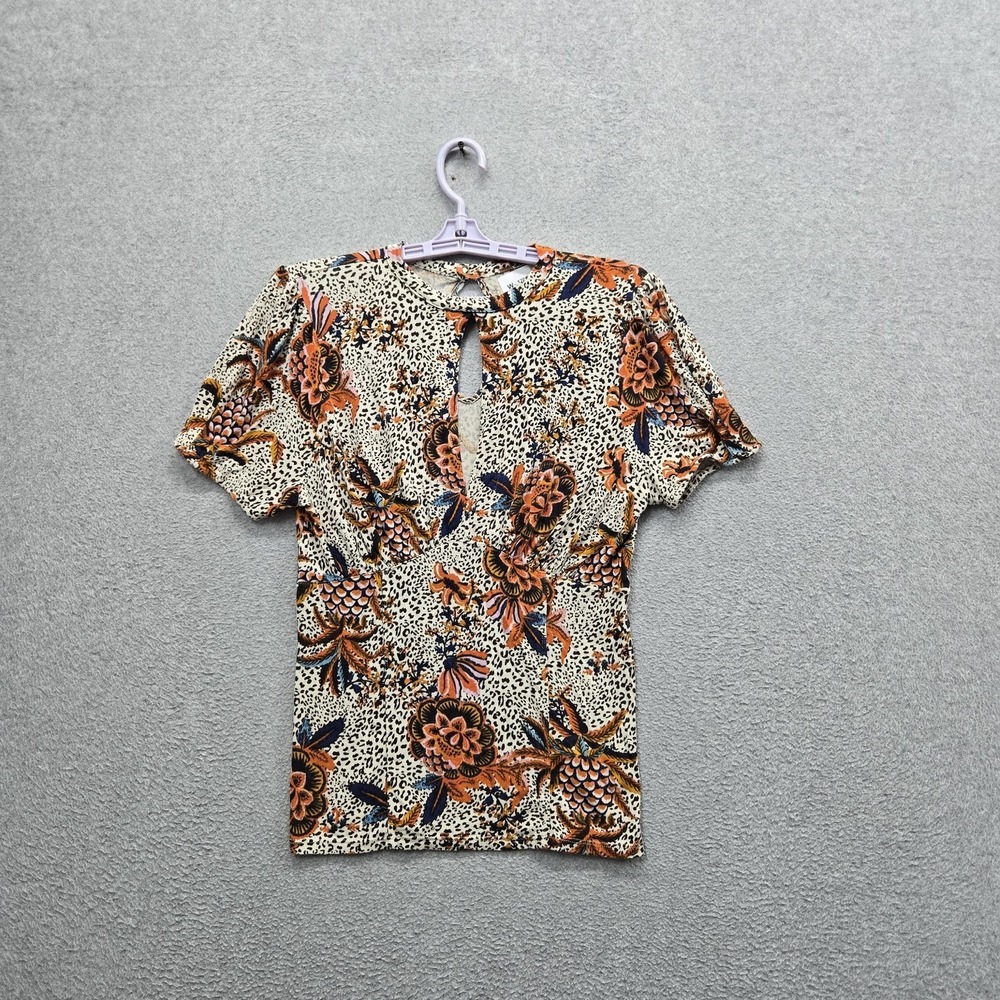 Free People Women Blouse L Cream Floral Hear Me Roar Animal Print Short Sleeve